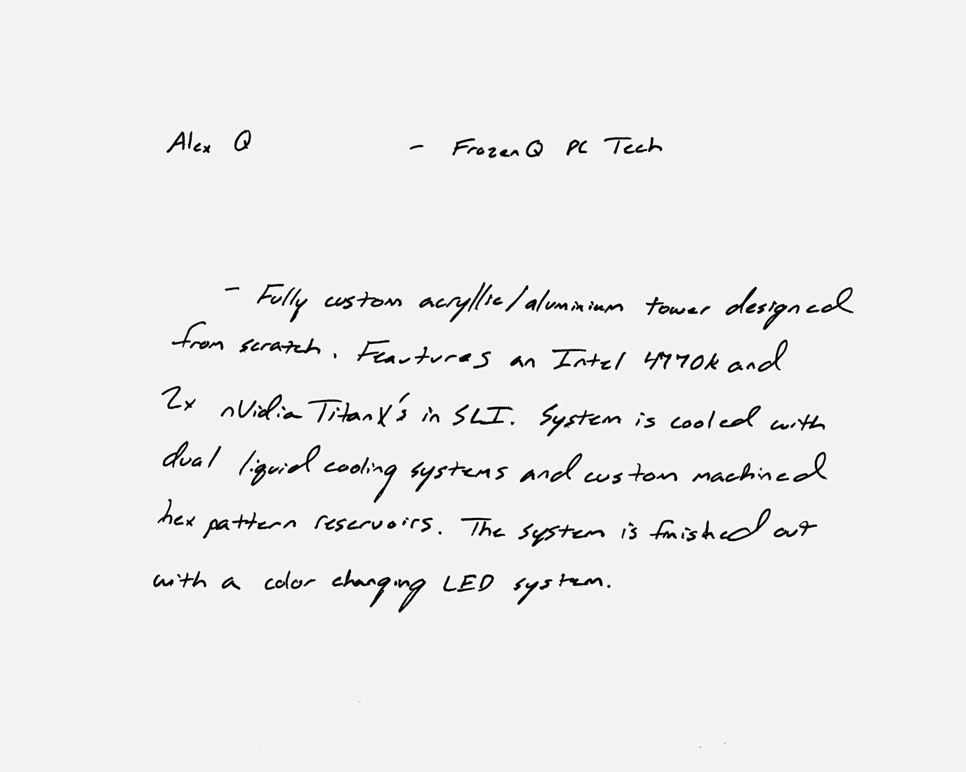 handwritten notes on custom computer case builds